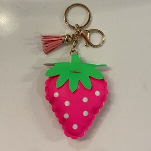 Pink Faux Leather Strawberry Purse Charm Keychain with Tassel